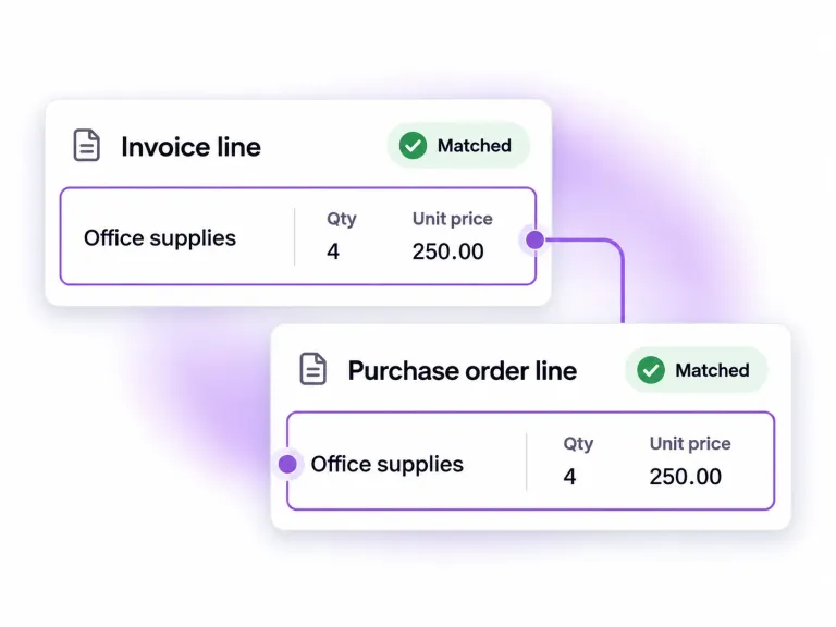 Sample invoice and purchase-order lines are connected for comparison. Both contain office supplies, quantity four and unit price 250.00, with a matched-line status; this does not indicate payment approval.