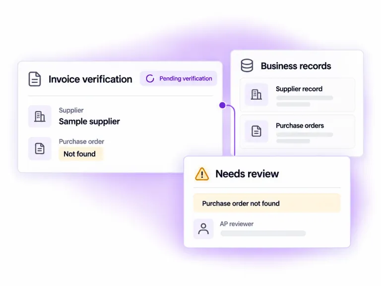 Illustrative invoice verification using sample data: a missing purchase order is checked against business records and remains visible as an exception needing an AP reviewer.