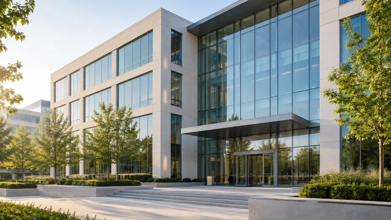 Generic contemporary office building with a quiet landscaped entrance.