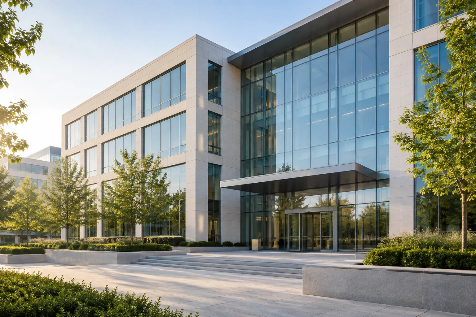 Generic contemporary office building with a quiet landscaped entrance.