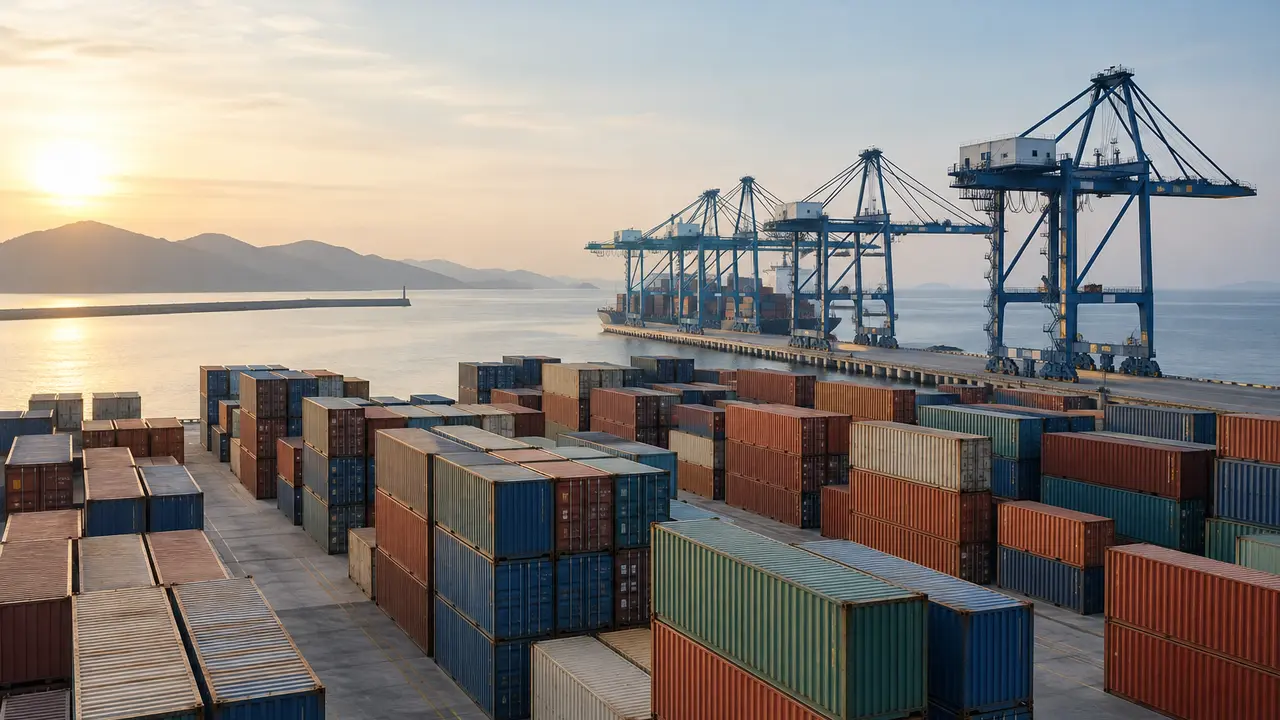 Generic unbranded shipping containers and cranes beside a calm harbour.