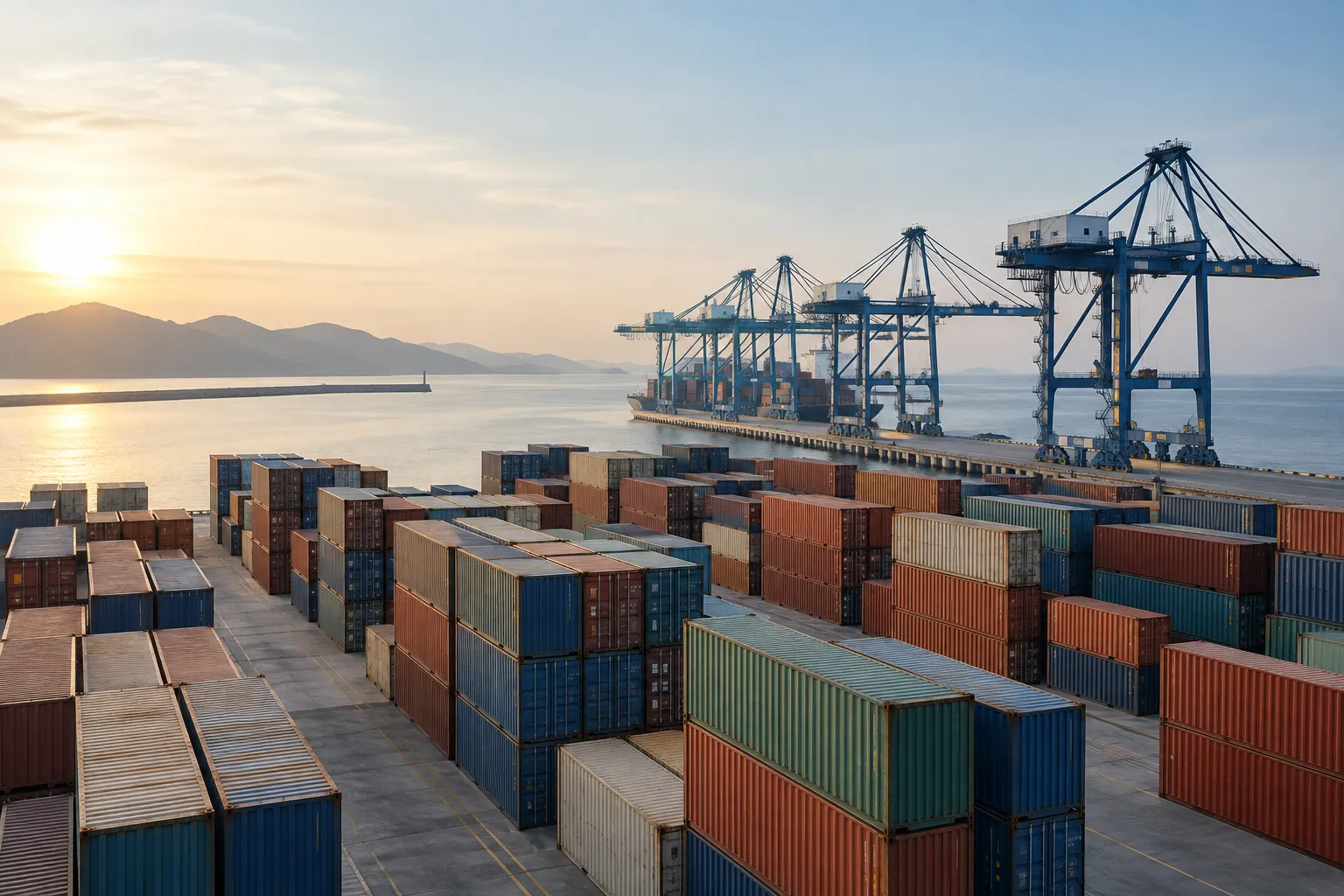 Generic unbranded shipping containers and cranes beside a calm harbour.