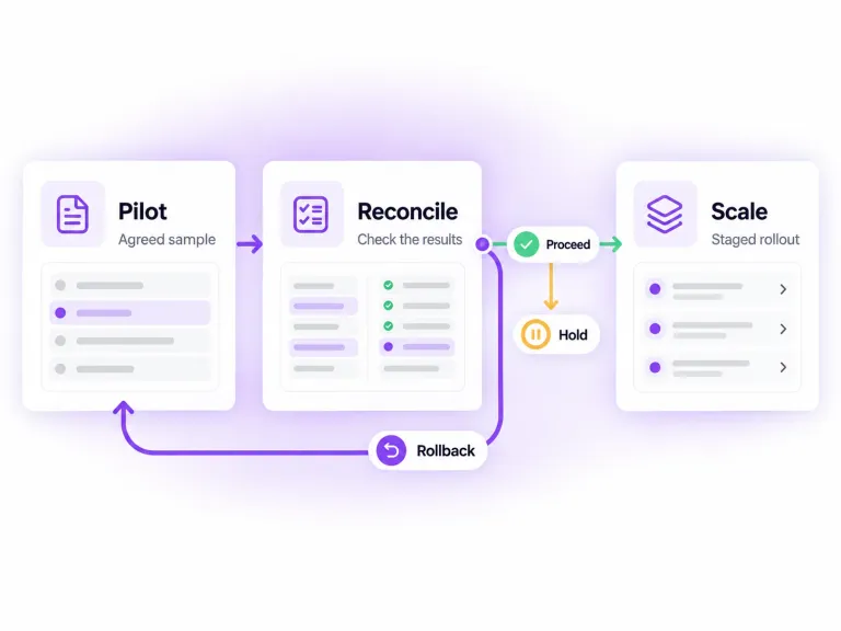 Implementation decision flow: pilot an agreed sample, reconcile the results, then decide whether to proceed to staged rollout, hold for review, or roll back to the pilot.
