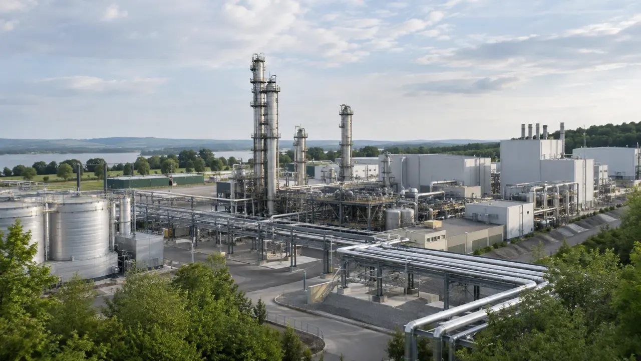 Unbranded industrial energy facility with processing equipment and buildings.