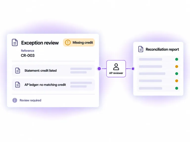 Illustrative Recon exception review and reconciliation report with sample evidence and a human review decision. Reconciliation does not authorise or execute payment.